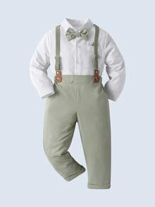 BOARNSEORL 两件套男童绅士套装，长袖衬衫配领结和绿色背带裤，时尚优雅，适合生日、周年纪念、派对和日常穿着。 - 綠色 - 查看 3