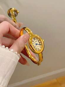 1 件金色手镯式石英表，时尚休闲，适合日常佩戴，也是理想的返校/毕业礼物 - 金色 - 查看 5