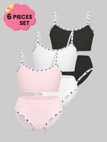 6件/包 可爱女孩休闲时尚字母撞色肩带无钢圈运动文胸和无缝柔软舒适透气基础三角内裤套装，适合青少年和学生日常锻炼内衣套装