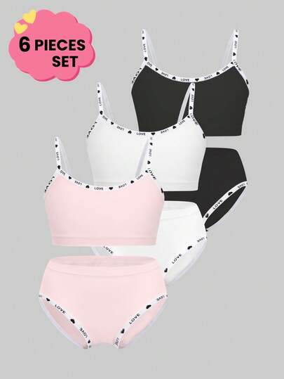 6件/包 可爱女孩休闲时尚字母撞色肩带无钢圈运动文胸和无缝柔软舒适透气基础三角内裤套装，适合青少年和学生日常锻炼内衣套装