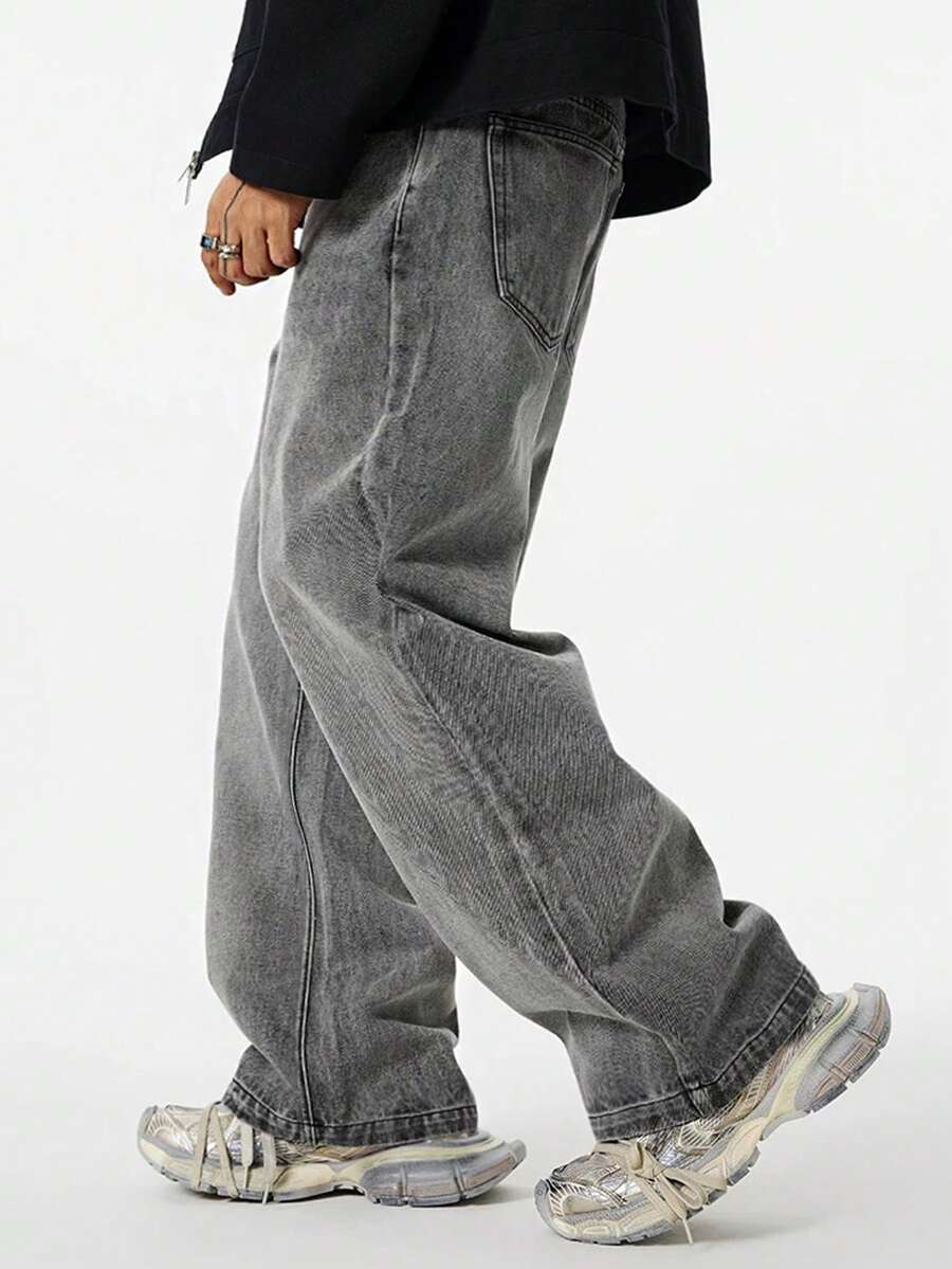 Men Teen Boy Loose Fit Pocket Design Wide Leg Casual Jeans - Grey - View 1