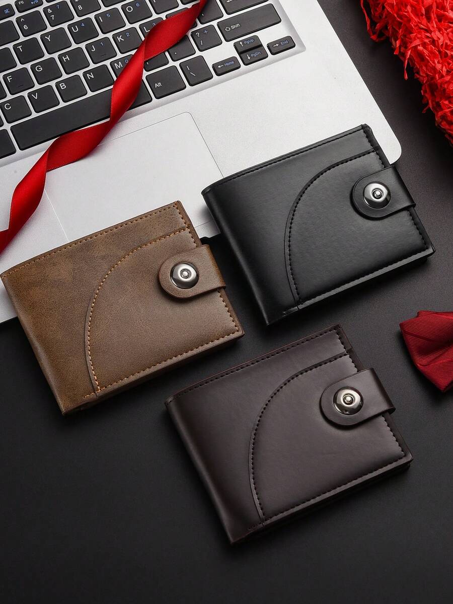 1个PU皮革男士钱包，磁扣对折钱包，男女通用卡包，日常通勤零钱包，时尚卡套，圣诞礼物 - 彩色 - 查看 1