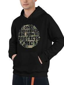 Men's Hoodie - Black Pattern Pullover With "I Once Protected Him, Now He Protects Me" Text, Camouflage Style, Front Pocket Design, Machine Washable, Suitable For Daily And Formal Occasions - Perfect Gift For Father, Husband, Partner, Holiday Outfit, Fashionable Casual Wear, Durable Structure, Must-Have For Father's Day - màu đen - Xem 2