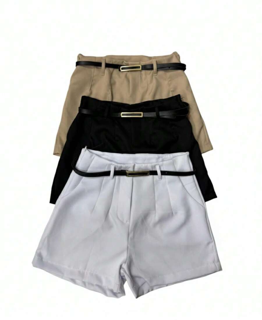 Set Of 3 Women's Plus Size Tailored Shorts, High Waist With Belt - negro/beige/blanco - Ver 1