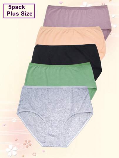 5pcs/Pack Plus Size Solid Color Comfortable Breathable Mid-Waist  Panties
