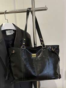 1 Túi Tote PU trơn màu, sức chứa lớn, tối giản, đa năng, thường ngày, hàng ngày, phong cách hiện đại - màu đen - Xem 6