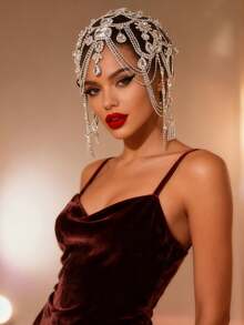 新娘高端头饰发饰；跨境新品，异域风情，网状多层水晶发链，闪亮花朵头链批发 - 銀色 - 查看 5