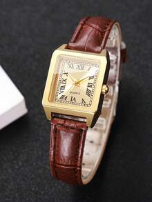 1pc Women's Fashion Casual Square Dial Quartz Wrist Watch With Leather Strap (1pc/Set), Watch Box Not Included - Brown - View 4