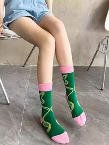 Calcetines de media pantorrilla con bloques de color dulce y fresco, calcetines retro de colores llamativos con diseño de rayas de lazo - Multicolor - Ver 4