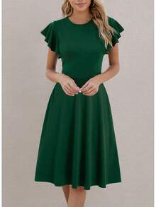 Women's Semi-Formal Ruffle Sleeve V-Back Work Fit And Flare Cocktail Knee Length Dress With Pockets, 2025 Style - Blue Floral - 查看 9