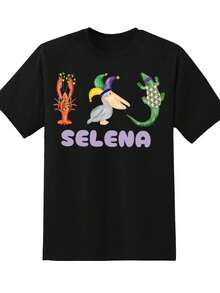 1 Casual Fashion T-Shirt For Men And Women, Mardi Gras Design With Lobster, Duck And Crocodile, Funny Casual T-Shirt For Women For Carnival Parties And Celebrations, 220g - 黑色 - 查看 2