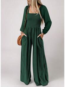 Women's Casual Loose Overalls Jumpsuits Long Sleeve Wide Leg Long Pant Rompers With Pockets - Dusk Blue - View 5