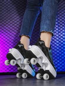 男士一键伸缩直排轮滑鞋，携带方便，可快速行走或滑行，系带休闲鞋，男女皆宜，四季皆宜 - 黑色 - 查看 2