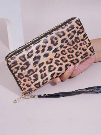 2025新款豹纹女士长款钱包大容量手拿包时尚拉链钱包多卡位零钱包女士钱包手腕包挂绳