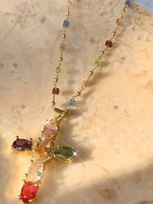 1pc Y2K Gold Plated Rainbow Colorful Cross Pendant Necklace Women Elegant Fashion Necklace Hip Hop Party Music Festival Jewelry Gift For Girlfriend Lover Couple