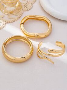 3pcs/1set Minimalist Geometric Asymmetrical Teardrop Shaped Metal Bangle Bracelet Set, Thick Solid Gold-Tone Alloy Material, Suitable For Women - Yellow Gold - View 3