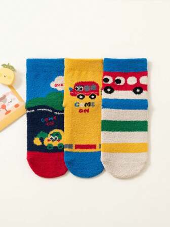 3 Pairs Cute Cartoon Car Pattern Warm Fleece Lined Children Socks, Winter