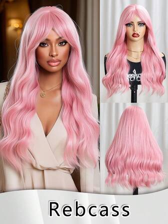 Light Red Color 22 Inch Long Water Wave Hair Wig With Bangs Synthetic Wig Suitable For Ladies And Girls, Daily Parties, Gifts For Women Christmas Decorations Christmas Gifts Fashion Wig High Quality For Women Natural Looking Good Quality Synthetic Soft Beginner Friendly Wigs