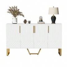 High-Gloss Lacquered Sideboard, 4 Doors, Metal Handles And Legs, White Geometric Pattern, 140 Cm (L) X 40 Cm (W) X 80 Cm (H) - White - View 1