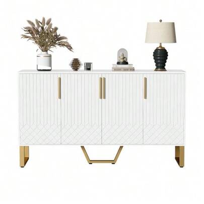 High-Gloss Lacquered Sideboard, 4 Doors, Metal Handles And Legs, White Geometric Pattern, 140 Cm (L) X 40 Cm (W) X 80 Cm (H)