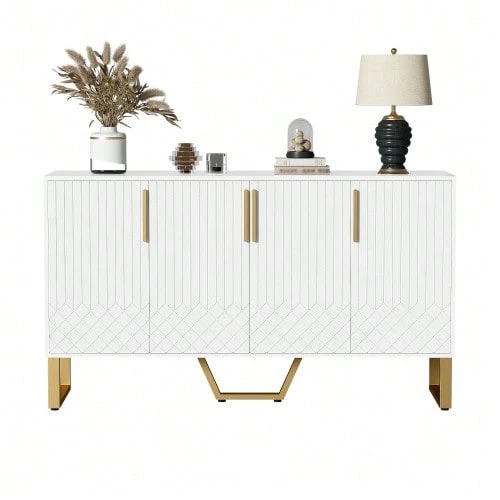 High-Gloss Lacquered Sideboard, 4 Doors, Metal Handles And Legs, White Geometric Pattern, 140 Cm (L) X 40 Cm (W) X 80 Cm (H) - White - View 1
