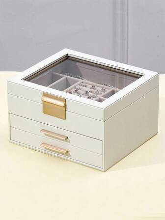 1 PIEZA Joyero con tapa de cristal, organizador de joyas de 3 capas, 2 cajones, para joyas grandes y pequeñas, almacenamiento de joyas, estilo moderno, 8 X 9.1 X 5.3 pulgadas, color blanco nube y dorado UJBC239WT