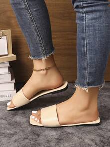 Women's Square Toe Flat Slide Sandals, Open Toe Fashion Summer Slippers - Beige - View 2