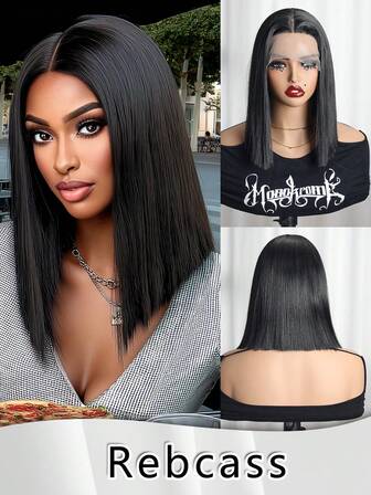 13X4X1 T型蕾丝假发，波波头，无刘海，时尚欧美染色波波头假发，女士短直发，黑色渐变酒红色合成纤维假发，女士礼物，圣诞装饰，圣诞礼物