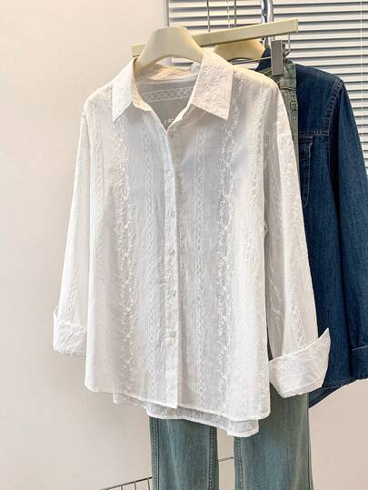 Women's Summer White Blouse, Casual Vacation Style Embroidered Shirt For Work And Commute
