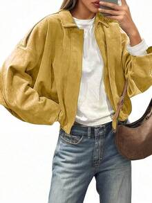 Womens Faux Suede Bomber Jackets Oversized Cropped Zip Up Lapel Coats Fall 2025 Casual Outerwears - 黃色 - 查看 12