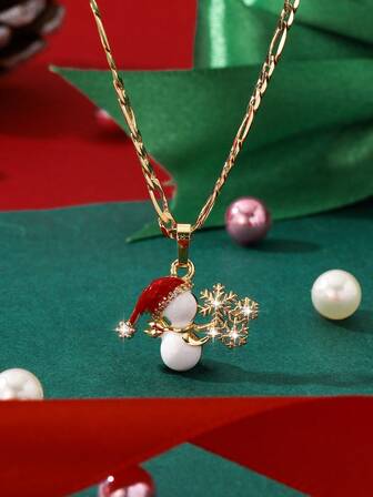 1件铜质优雅卡通珐琅工艺圣诞雪人雪花吊坠项链，适合作为圣诞节/感恩节/万圣节/母亲节/情人节礼物送给情侣/朋友/教父母，也适合作为天主教初领圣体礼物、日常及节日佩戴祈祷。