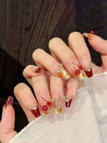 10片樱桃金酒红色蝴蝶结水钻亚克力按压式美甲贴片，可爱中号樱桃棺材形/椭圆形假指甲，法式美甲，DIY美甲用品，可重复使用，含果冻胶和指甲锉，日常、情人节、新年必备 - 酒紅色 - 查看 12