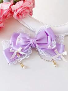 1 chiếc kẹp tóc Lolita màu hồng hình nơ ren đính ngọc trai tua rua lưới, kiểu dáng dễ thương mùa xuân, phù hợp để sử dụng hàng ngày. - Kẹp tóc Lolita - Xem 10