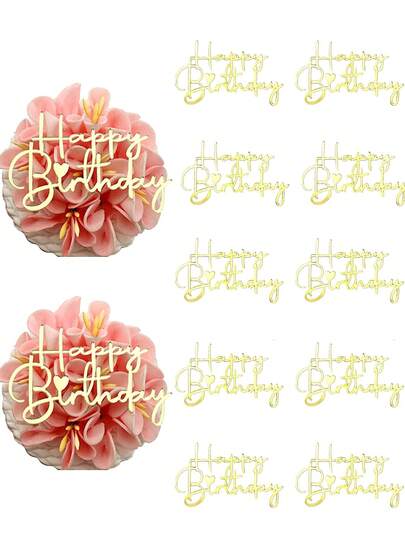 10Pcs Gold Happy Birthday Cake Toppers,Acrylic Glitter Heart Cupcake Picks For Birthday Party Decoration,Dessert Table Decor & Celebration Supplies.