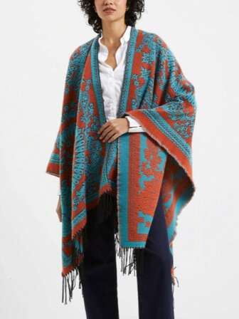 Bufanda de invierno para mujer, cárdigan estampado con flecos, capa de chaqueta vintage con mangas tipo murciélago