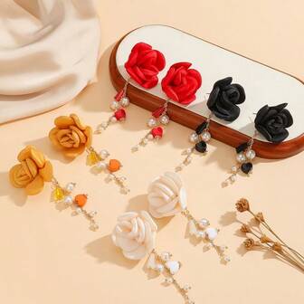 1 Pair Versatile Layered Rose Earrings, Multi-Color Floral With Beaded Tassel, Unique Design For Diverse Outfits, Adds Stylish Accents To Daily Looks