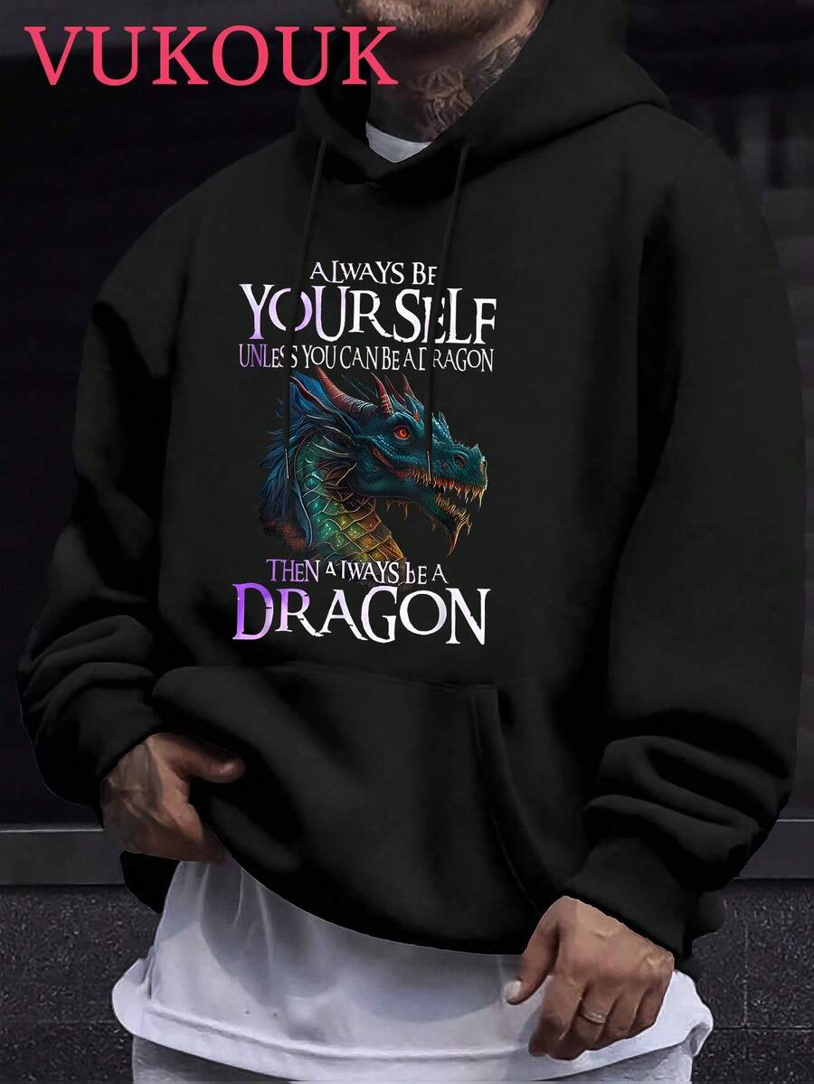 VUKOUK Men's Printed Hoodie Hooded Sweatshirt, Fashionable Printed Street Men's Hooded Sweatshirt, Personalized Hip-Hop Style Pullover, Multifunctional Drawstring Pocket Design, Autumn And Winter Clothing, Suitable For Casual Outdoor And Holiday Gift Giving DRAGON - Black - View 1