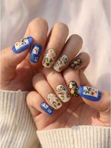 24pcs Hand-Painted Floral & Animal Rustic Press On Nails, Almond Shape Elegant Wearable Nail Art - HYC-DY-550 - 查看 6