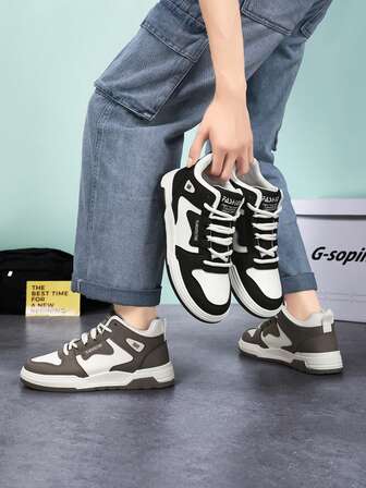 Men's Classic Black & White Thick Sole Casual Sneakers, Versatile Sports Shoes For All Seasons