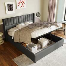 Storage Bed, Upholstered Bed, Hydraulic Double Bed 160x200cm, Wooden Slatted Base, Bed With Metal Slatted Base, Linen, Grey - Grey - View 5