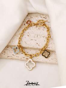 1pc Stainless Steel Lucky Four-Leaf Clover Bracelet, Women Enamel Floral Pendant Chain Bracelet, Party Jewelry Gift - Bracelet - View 5
