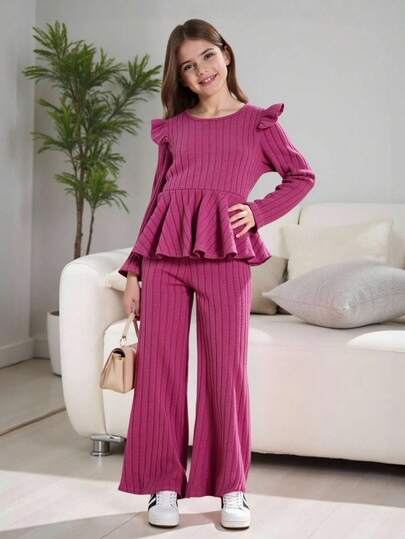 Autumn/Winter Tween Girls Casual Cute Minimalist Floral Puff Sleeve Knit Top T-Shirt & Solid Color Flare Long Pants Set