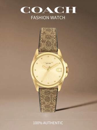 Coach Reloj de cuarzo para mujer con correa de cuero, esfera con logotipo icónico dorado y caja de acero inoxidable, reloj de pulsera analógico de lujo redondo para damas, 14504107