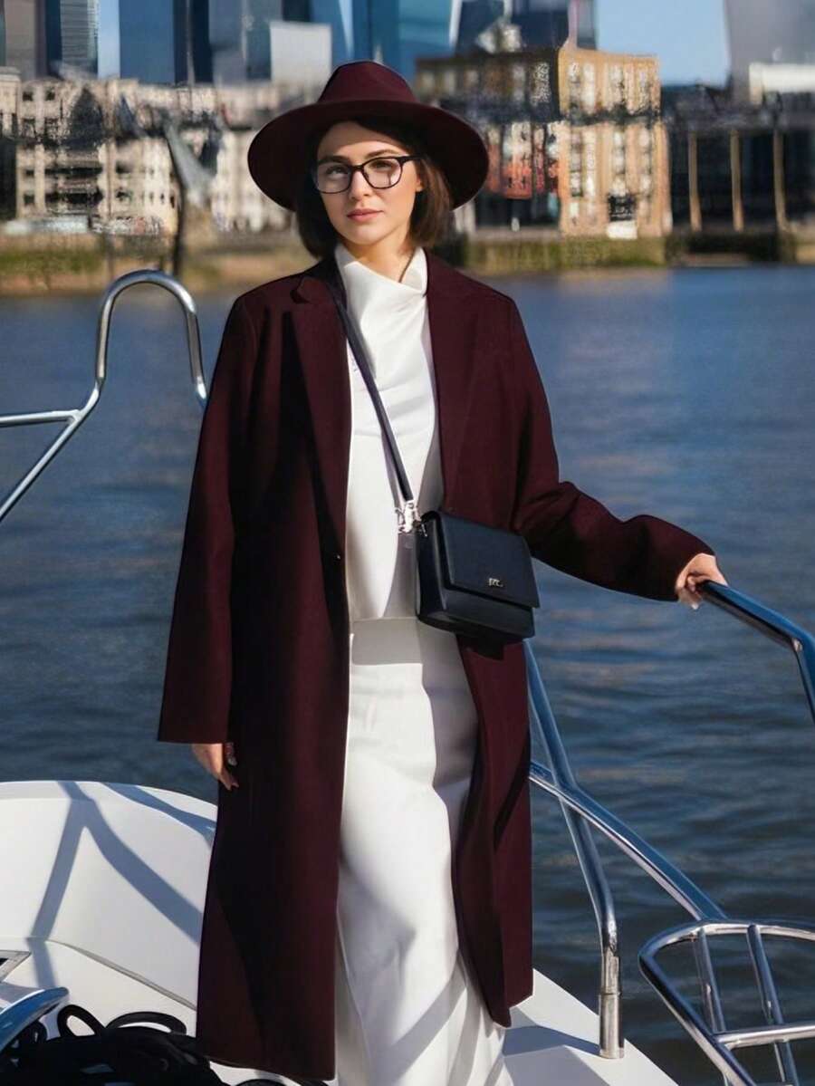 GMFP 女士秋冬休闲优雅宽松新款纯色翻领开衩软肩外套 新年/情人节女士冬装外套 - 酒紅色 - 查看 1