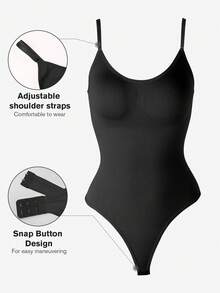1件装女士无缝塑身连体衣，丁字裤底，瘦身塑形连体衣，收腹连体衣，塑身衣，束腰带 - 黑色 - 查看 5