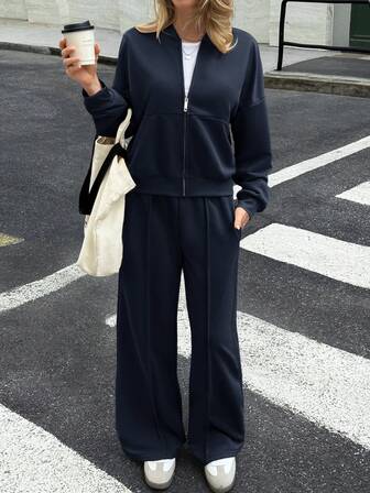 GAOVOT Conjunto de sudadera y pantalón de mujer de dos piezas para otoño/invierno, estilo casual, de calle, con cuello alto y abrigo tipo cárdigan, y pantalón recto de pierna ancha