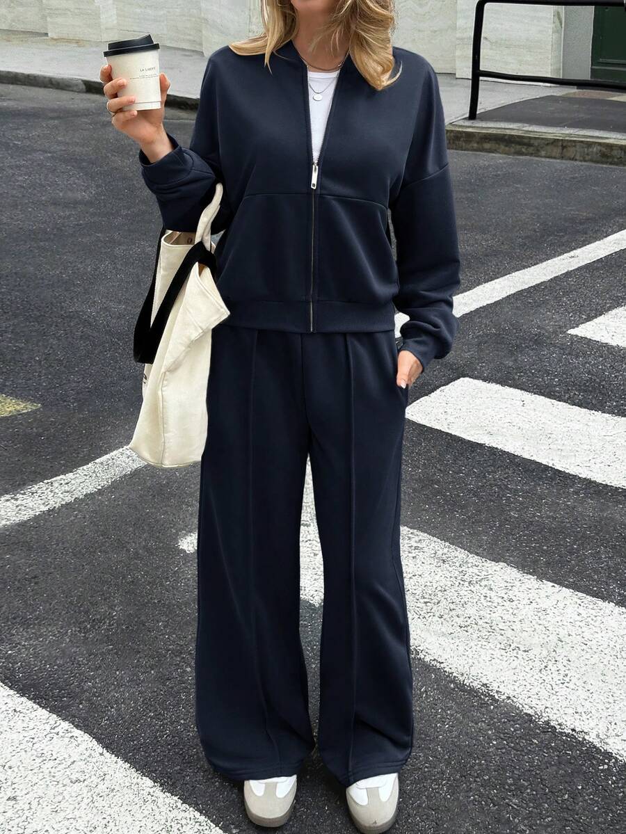 GAOVOT 女装卫衣两件套秋冬休闲通勤街头立领开衫外套宽松阔腿直筒裤套装 - 藏蓝色 - 查看 1