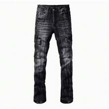 Vintage Multi-Pocket Personality Denim Loose Washed Wide-Leg Pants - 黑色 - 查看 5