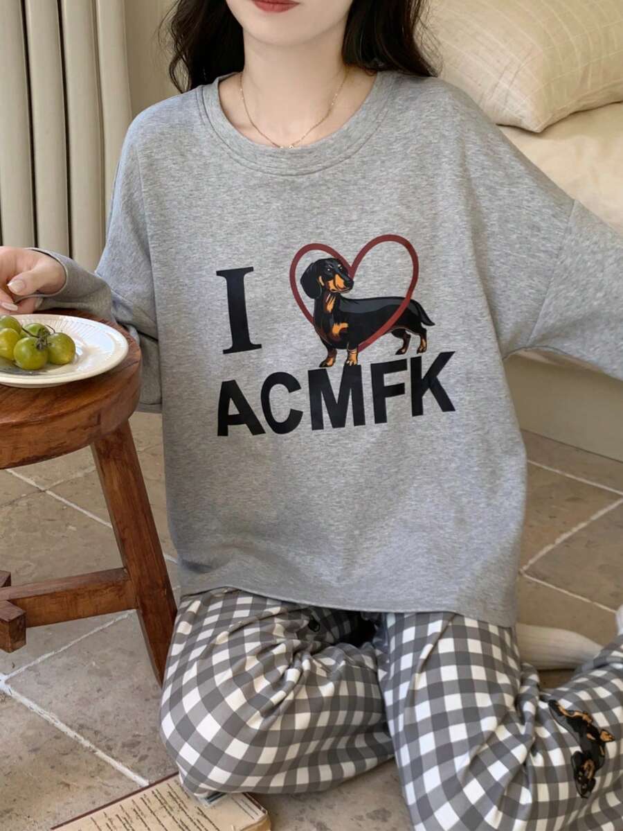 2pcs Women Pajama Set, Cartoon Puppy Graphic Tee And Plaid Print Pants, Comfortable Long Sleeve Sleepwear Suitable For Autumn/Winter - Grey - View 1