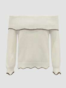 Women's Gentle Off-Shoulder Contrast Trim Long Sleeve Pullover Sweater